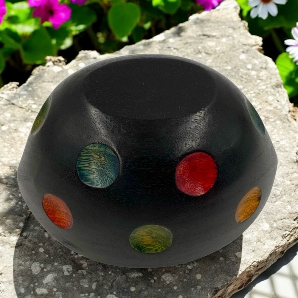 Hand Carved Wood Bowl Decor, Hand Painted Black, Red And Muti-colored Polka Dots - Picture 2 of 8
